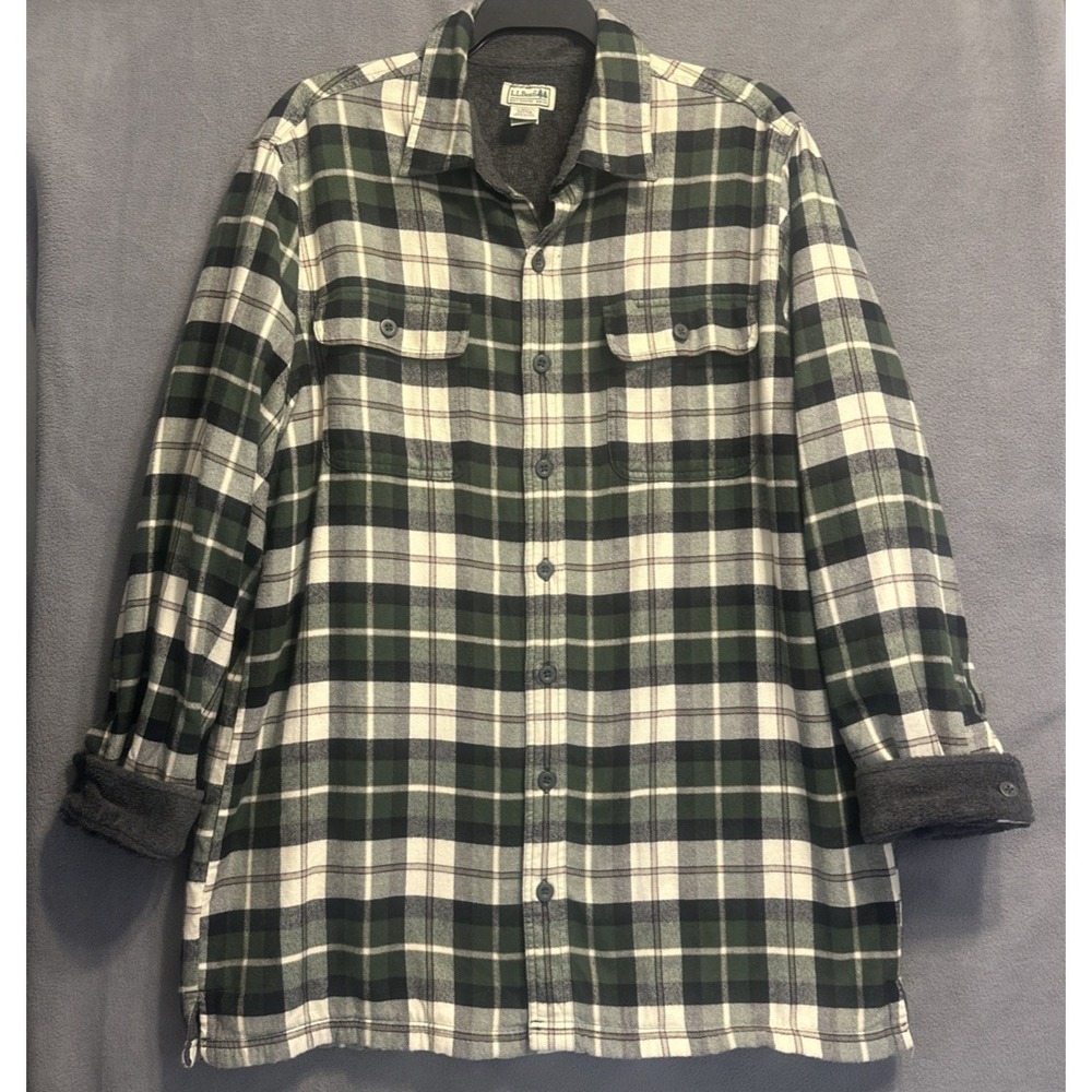 LL Bean Fleece Lined Flannel Shirt Shacket Mens Large Tall Plaid Traditional Fit